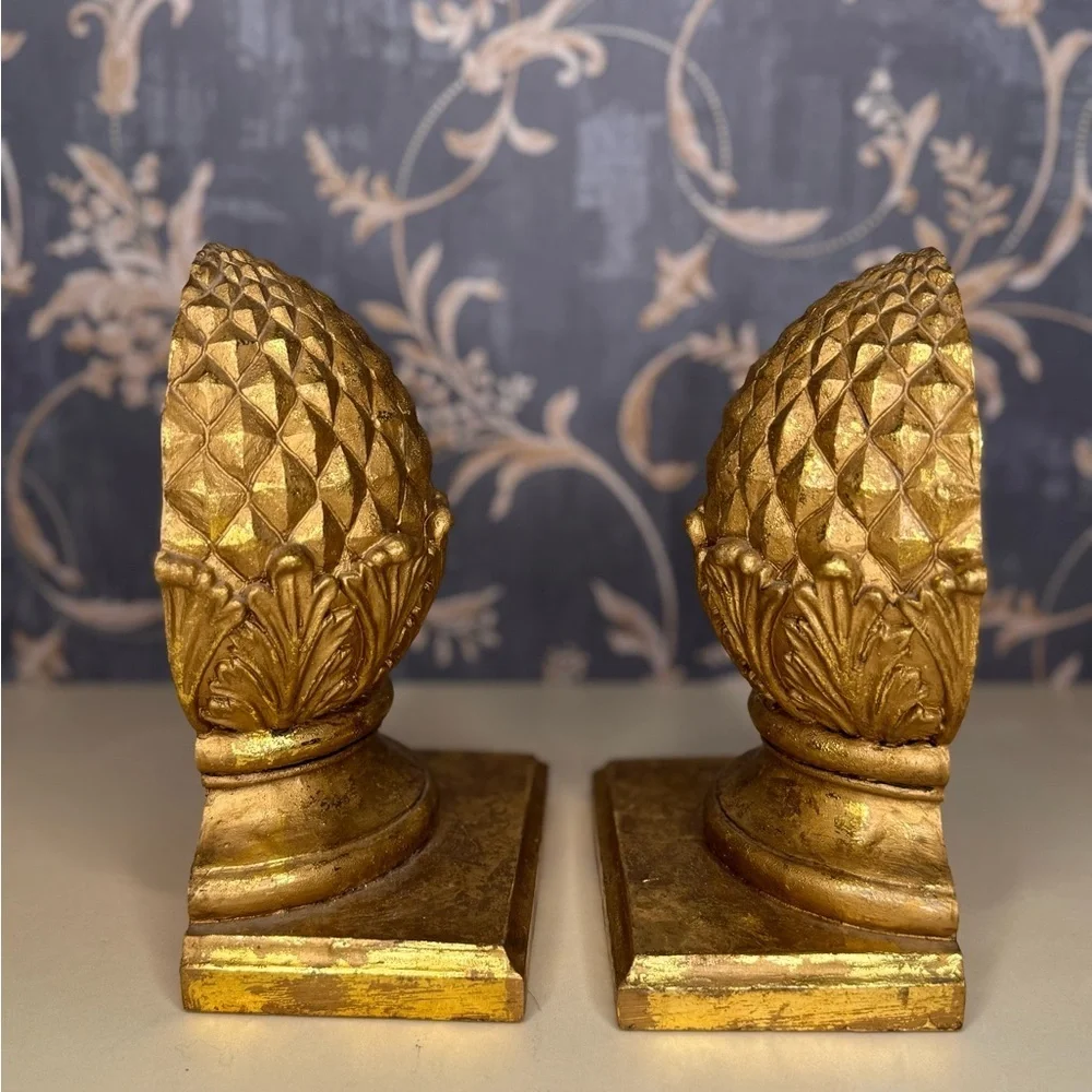 Vintage Estate Wooden Pinecone Bookends Pair | Heavy Solid Wood Gold Finish